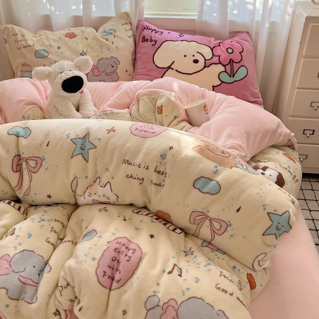 Heart Island【猫狗日记】秋冬加绒厚重ins风可爱小狗牛奶绒四件套