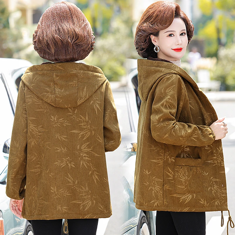 中老年女装加绒拉链开衫外套妈妈装长袖灯芯绒上衣休闲连帽大码女