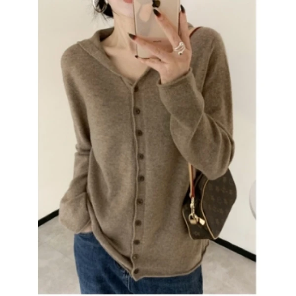 ZHANGLIXI秋冬新款长袖连帽针织纯羊毛纯色开衫女YM-QHMDS-807