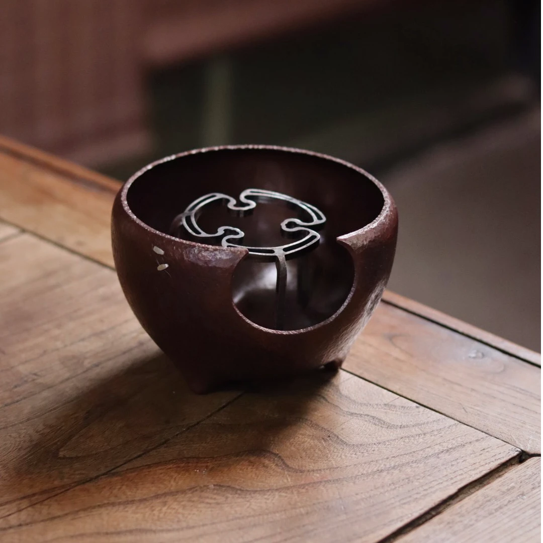 【自在】原创足银锔钉三足茶炉 纯手工锻打紫铜风炉茶炉