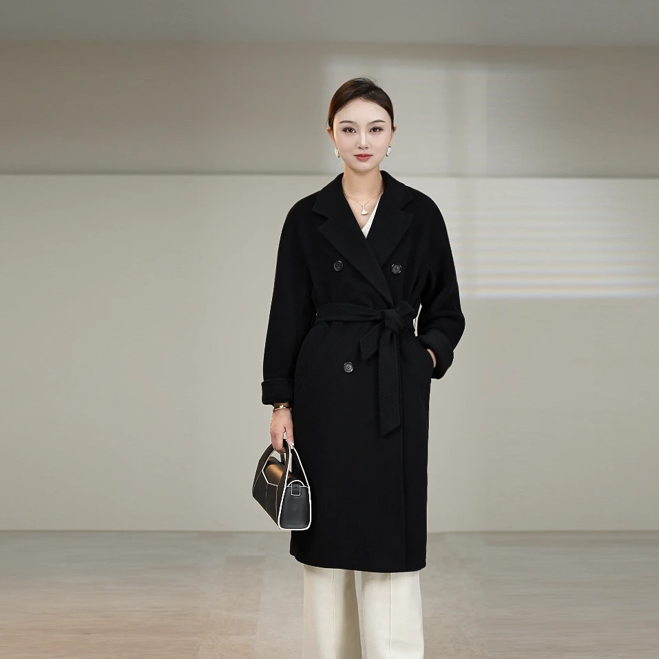 10山羊绒90绵羊毛经典时尚长款女士秋冬单面呢大衣