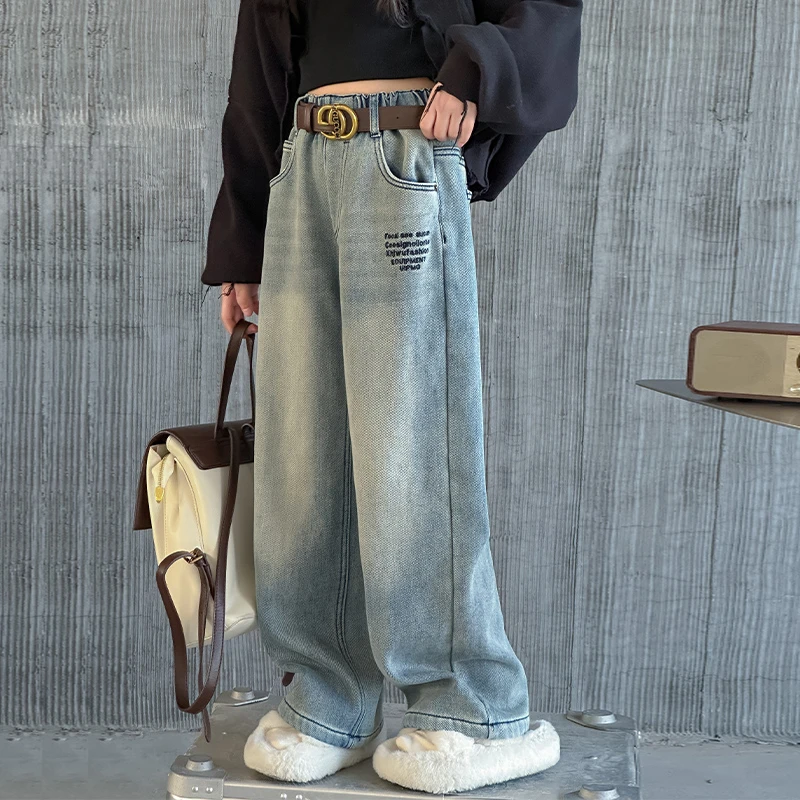 童装冬季加绒牛仔裤韩版女孩软牛仔直筒阔腿裤显瘦字母刺绣牛仔裤