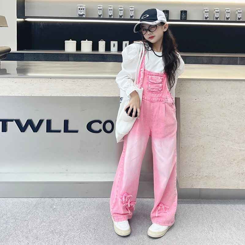 女童春秋牛仔背带裤时髦中大儿童拖地背带裤休闲设计感背带裤潮童