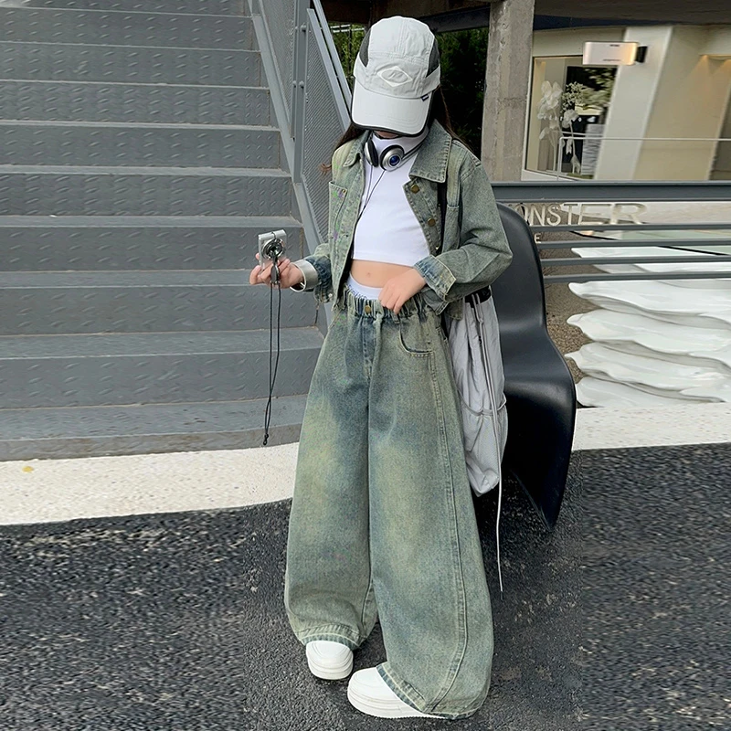 无品牌女童春秋牛仔套装中大儿童长袖开衫高腰阔腿裤复古牛仔套装