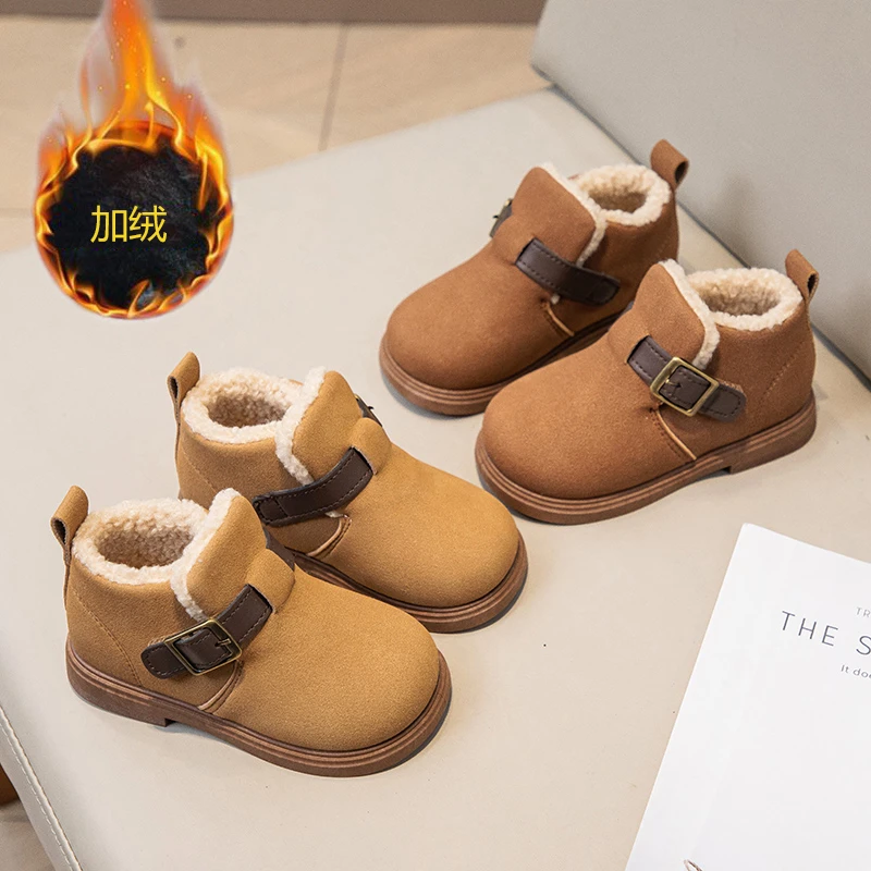儿童韩版短靴2024冬季新款女童加绒保暖棉靴男童休闲羊羔毛勃肯鞋
