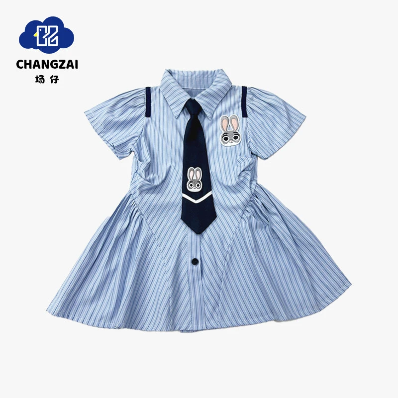 女童夏季学院风连衣裙2025新款卡通兔子警官儿童Polo领短袖衬衫裙