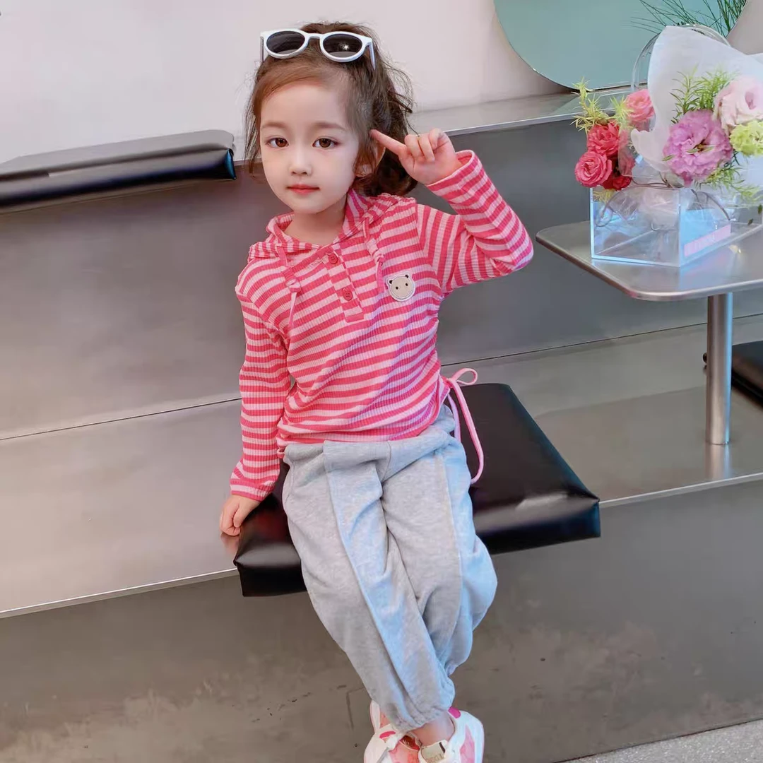 洋气女童春秋条纹连帽T恤秋装女宝宝长袖打底衫儿童装不规则上衣t