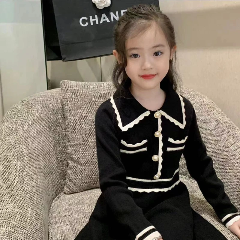 女童连衣裙小香风纯色翻领春秋季新款儿童女宝宝中大童毛衣连衣裙