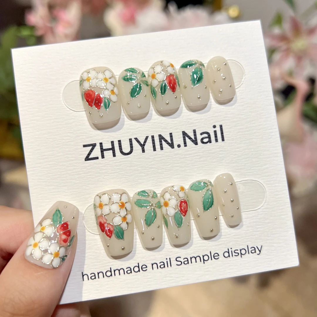 【绿意】祝音定制手工穿戴甲复古手绘菱形格穿戴式美甲小红书