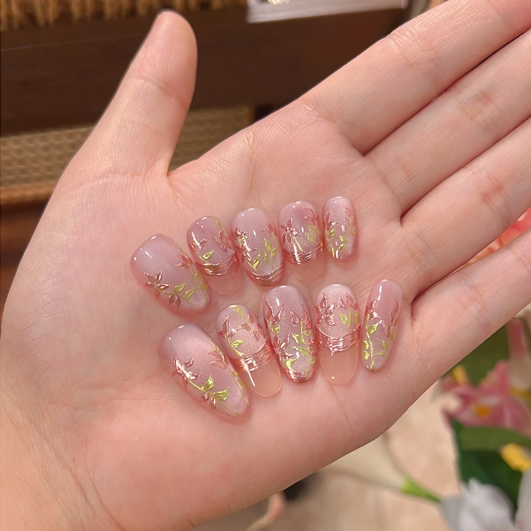 【云锦】祝音定制手工穿戴甲手绘法式枝叶线条花朵穿戴式美甲小红书