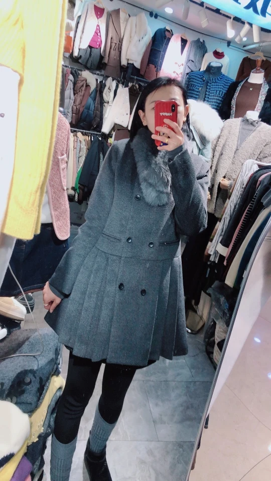 保暖纯色毛领毛呢外套呢子翻领中长款双面呢可脱洛丽塔