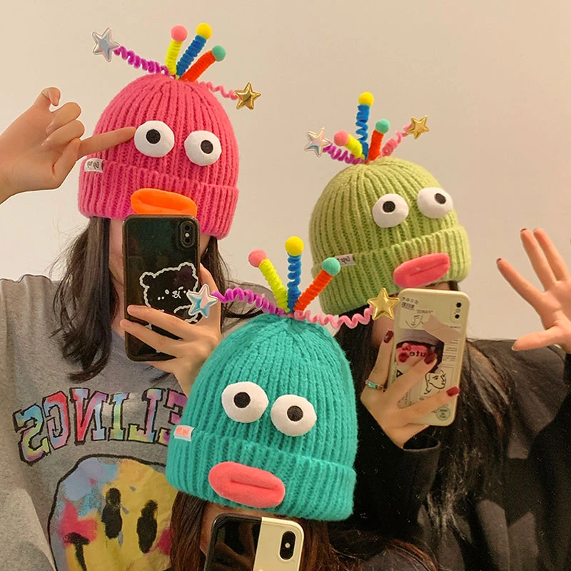 可爱丑萌搞怪针织毛线帽女秋冬季显脸小卡通保暖护耳帽子新款情侣