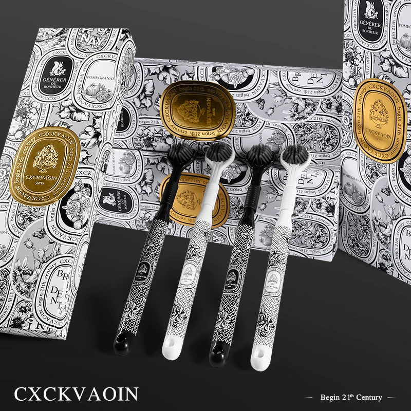 CXCKVAOIN三面包裹宽头软毛刷轻奢深层清洁高效三面黑白牙刷礼盒