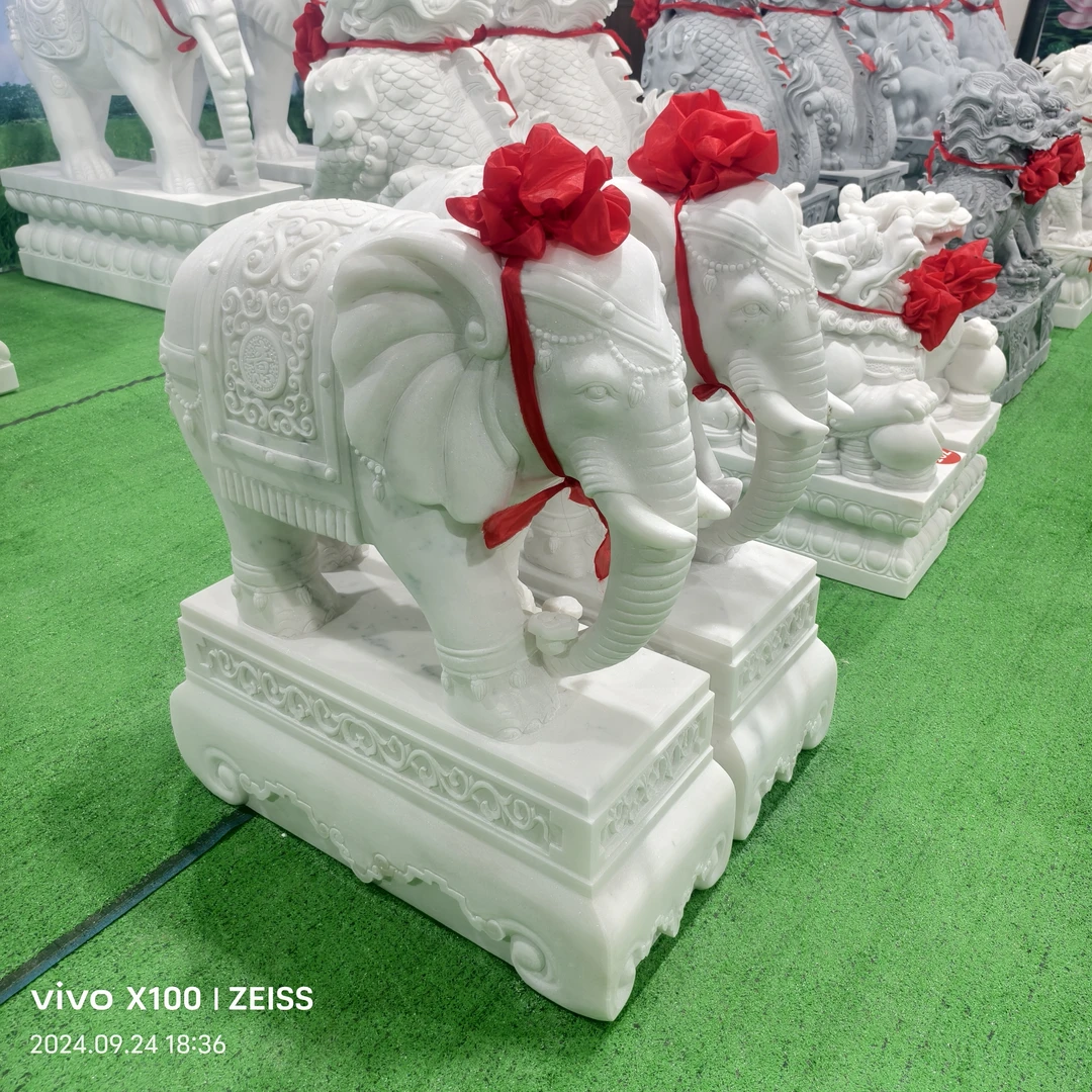 石雕大象一对汉白玉材质富贵象定金链接