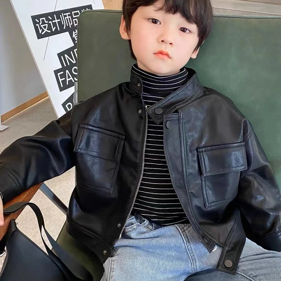 儿童立领皮衣2022春秋新款韩版男女童pu机车皮夹克宝宝百搭外套潮
