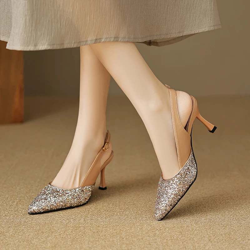2024夏季新款尖头亮片精致细跟高跟百搭小众后空休闲时尚凉鞋女