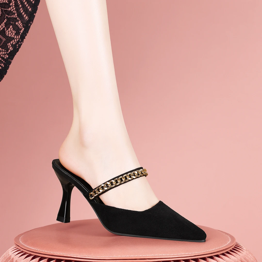 2024年新款夏季法式细跟高跟鞋名媛气质链子时尚小众休闲包头拖鞋
