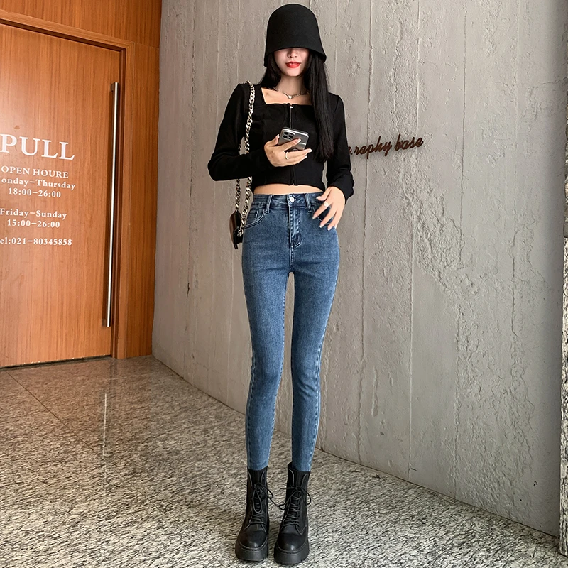 牛仔裤小个子女款九分显瘦高腰紧身小脚裤新款网红洋气炸街女装