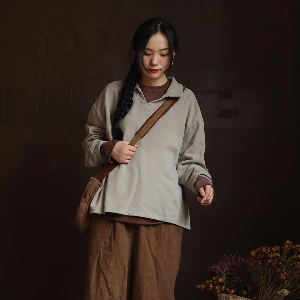 衣路走来原创设计纯色百搭翻领套头上衣 37865