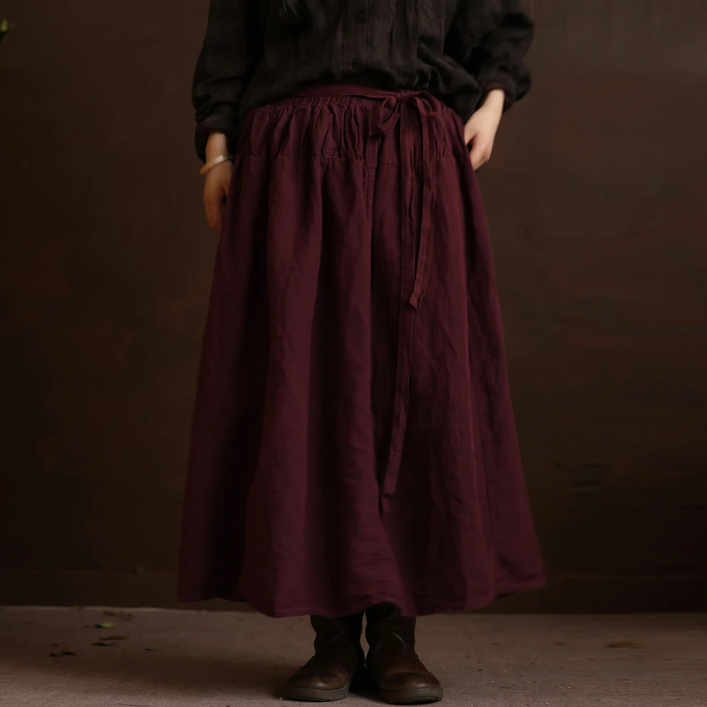 衣路走来原创设计亚麻抽绳松紧做旧半身裙 37102