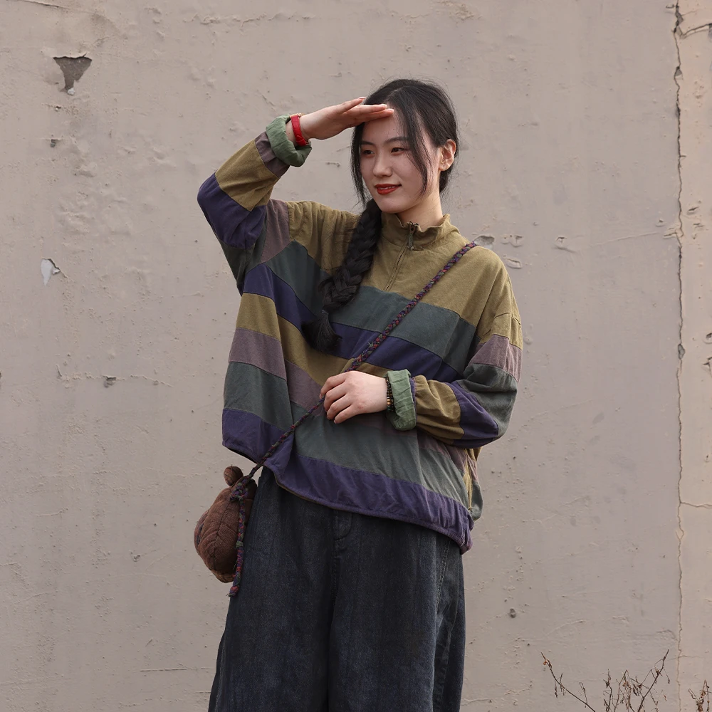 衣路走来原创设计百搭纯棉条纹拼色长袖t恤 38223