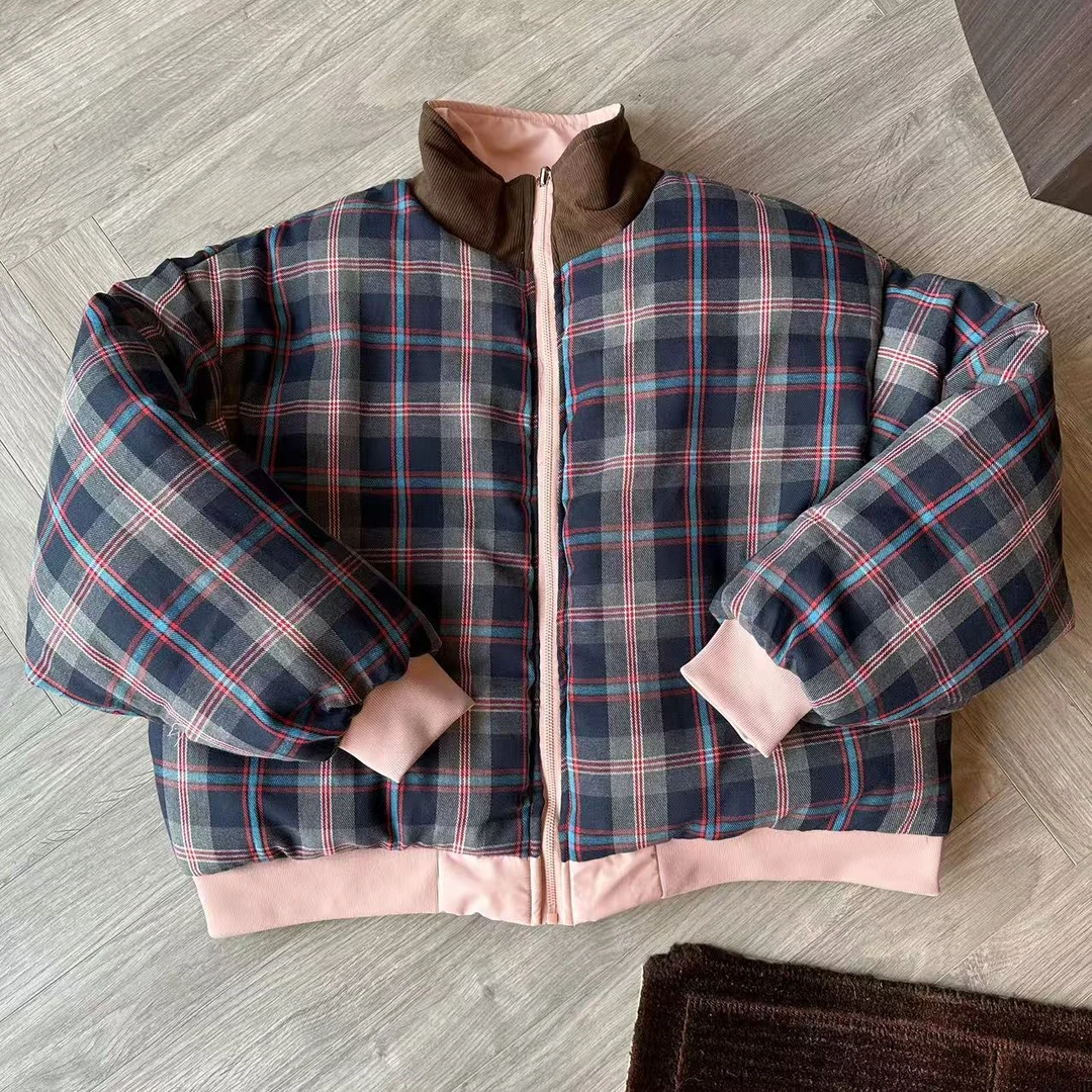 wyd小樱桃 韩系百搭两面穿可爱格子粉色棉服