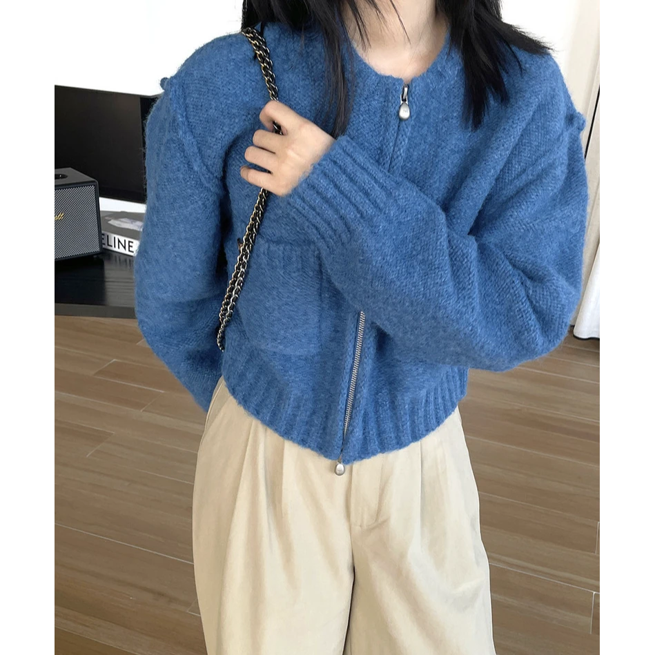 冰糖露露子2024秋冬新款时尚棒球领双拉链机车风短毛衣开衫外套