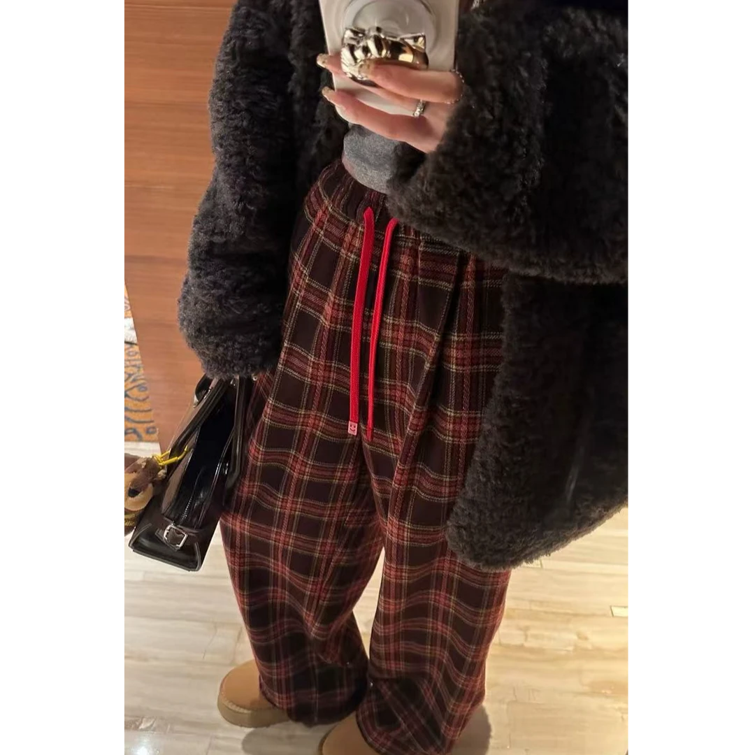 【2024尾】苏格兰复古格纹宽松抽绳阔腿格子休闲裤女