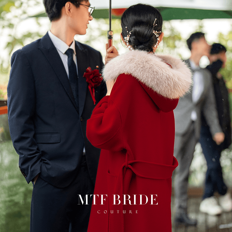 满庭芳满庭芳【惊鸿】红色连帽大衣女春秋新娘结婚回门双面呢外套