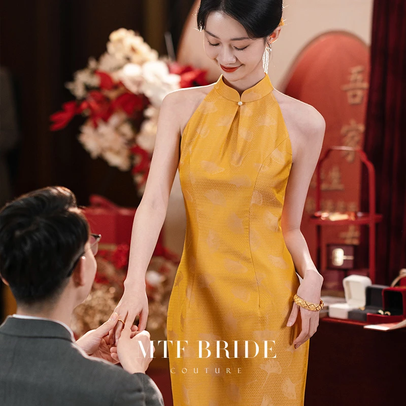 满庭芳【听风】夏女新中式改良显瘦少女桑蚕丝设计师晨袍礼服敬酒服