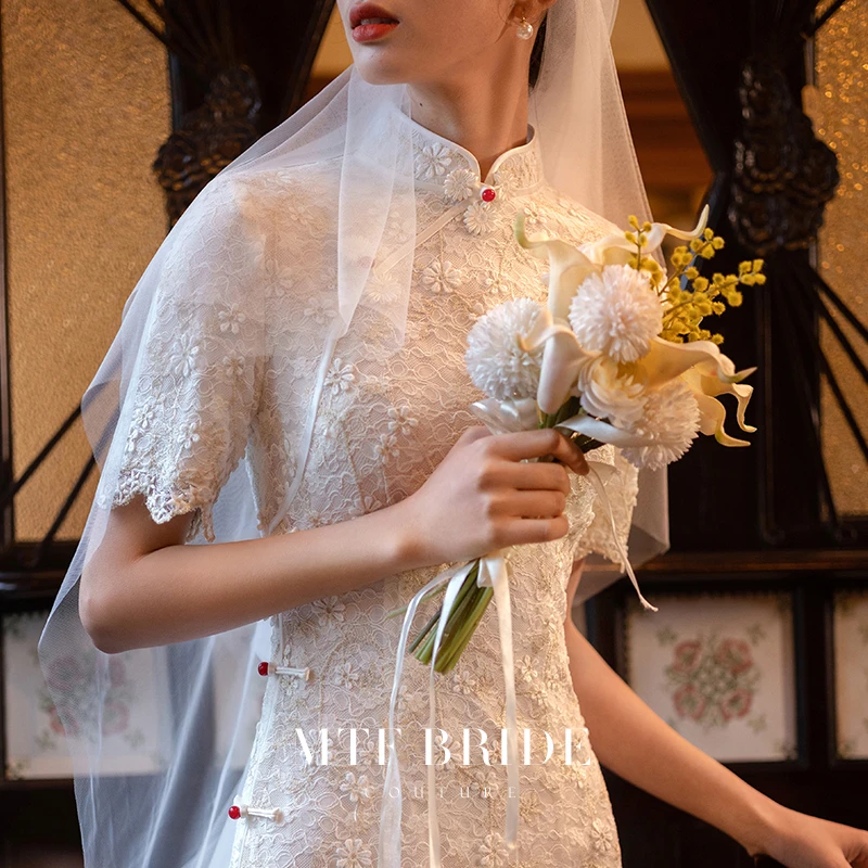 满庭芳【浮絮】白色旗袍修身年轻款改良蕾丝显瘦小个子礼服敬酒服女