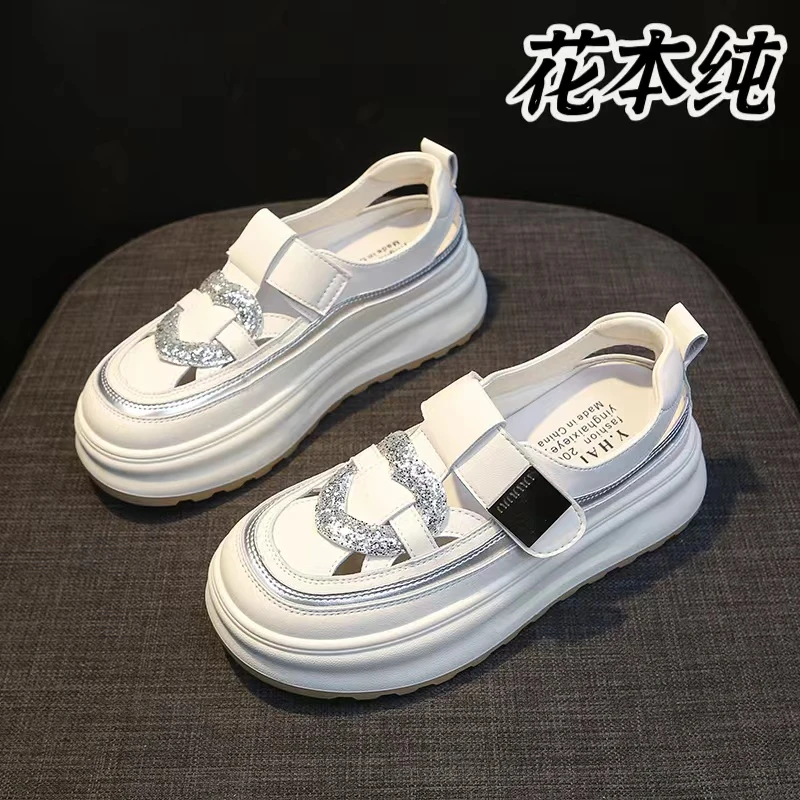 【花本纯】T-3镂空板鞋夏季新款网面百搭增高韩版透气真皮品牌女鞋