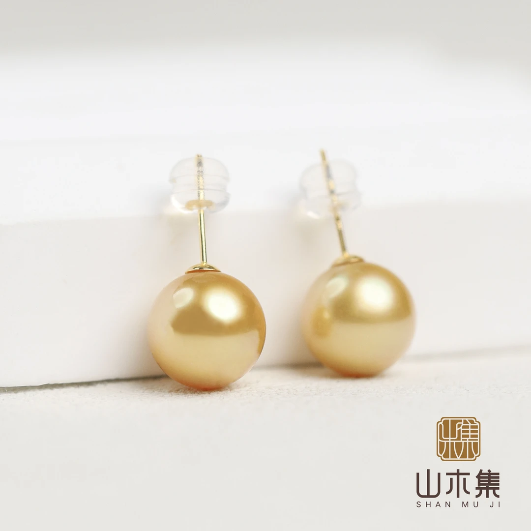 【18K金】南洋金色珍珠1.0耳钉一对%【山木集】（多样性）