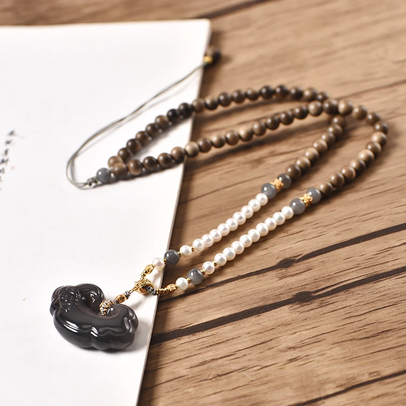 印度老山檀阴沉虎皮0.6帝王烟紫如意珍珠项链￥【山木集】