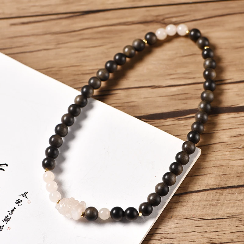 【18K金】老山檀阴沉料0.8沉水藕粉吞jin兽双圈手串￥￥【山木集】