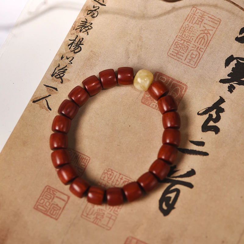 印度小叶紫檀0.8*0.9直切桶珠泥料鸡血红单圈手串【山木集】￥Cs085