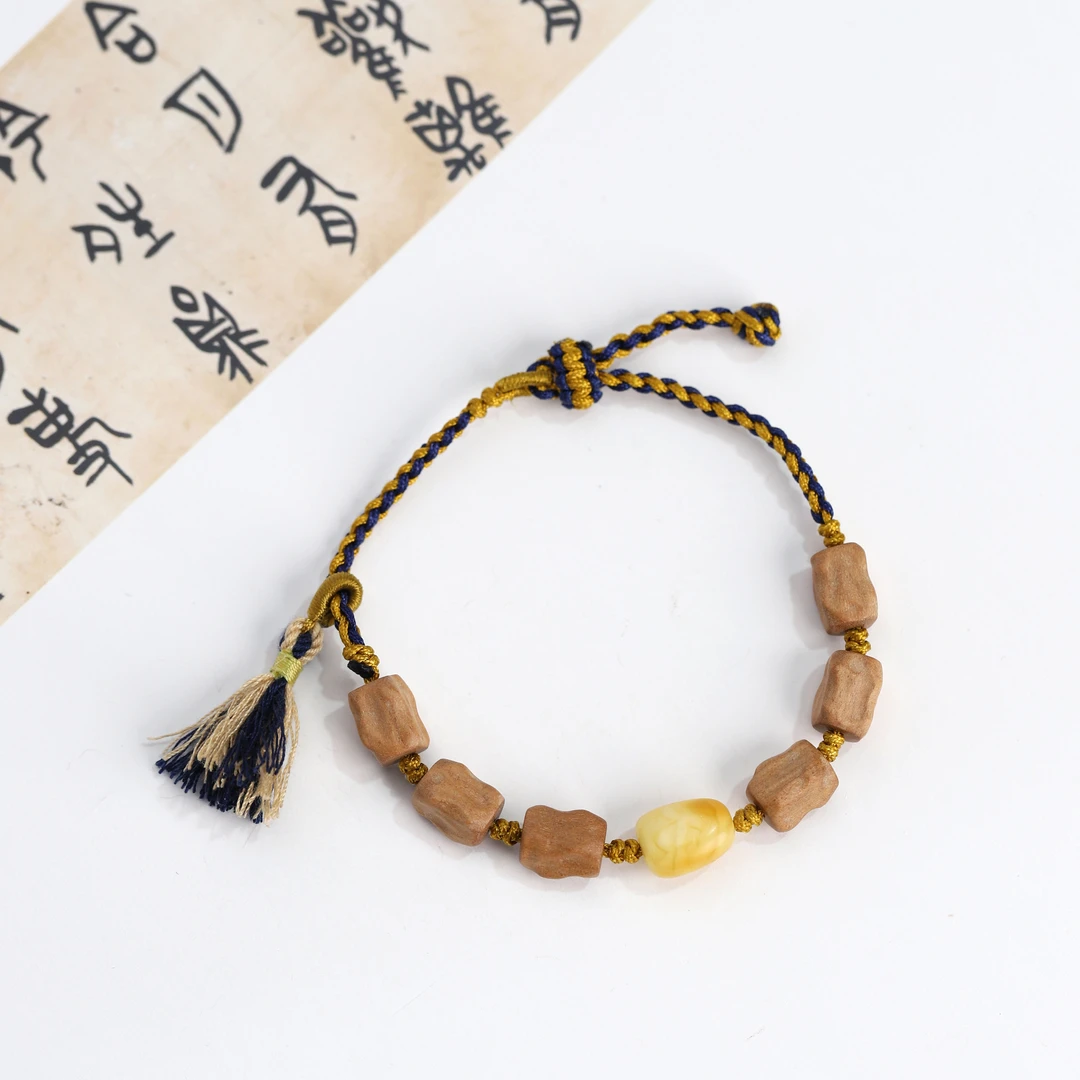 印度正区老山檀香方形无相珠蜜蜡编绳手串【山木集】¥