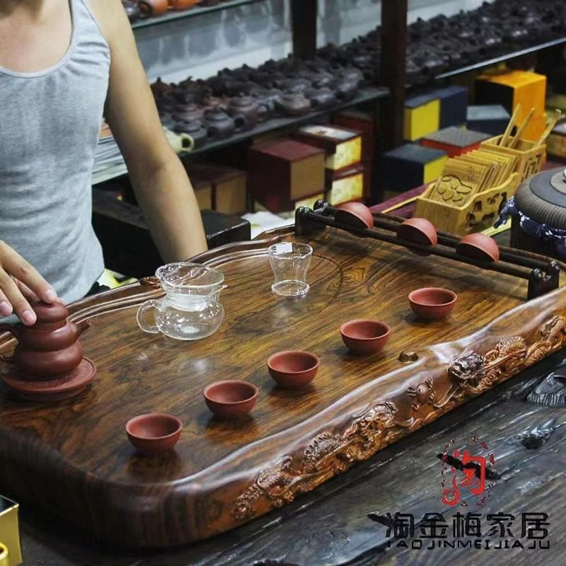 简约中式黑檀木纹茶盘家用实木茶台长方形办公客厅功夫一体石材