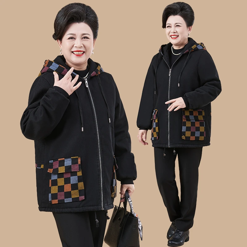 中老年女胖妈妈秋冬加绒加厚棉服牛仔外套短款妈妈奶奶装加肥大码