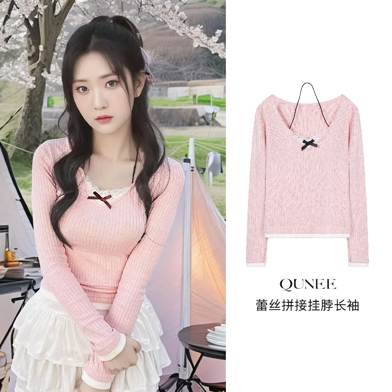 长袖毛衣女2024初秋穿搭QUNEE蕾丝挂脖设计感短款独特别致BM上衣