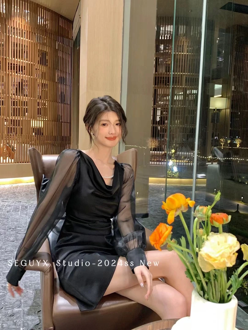 性感珍珠荡领连衣裙小个子包臀裙长袖法式裙子气质显瘦女