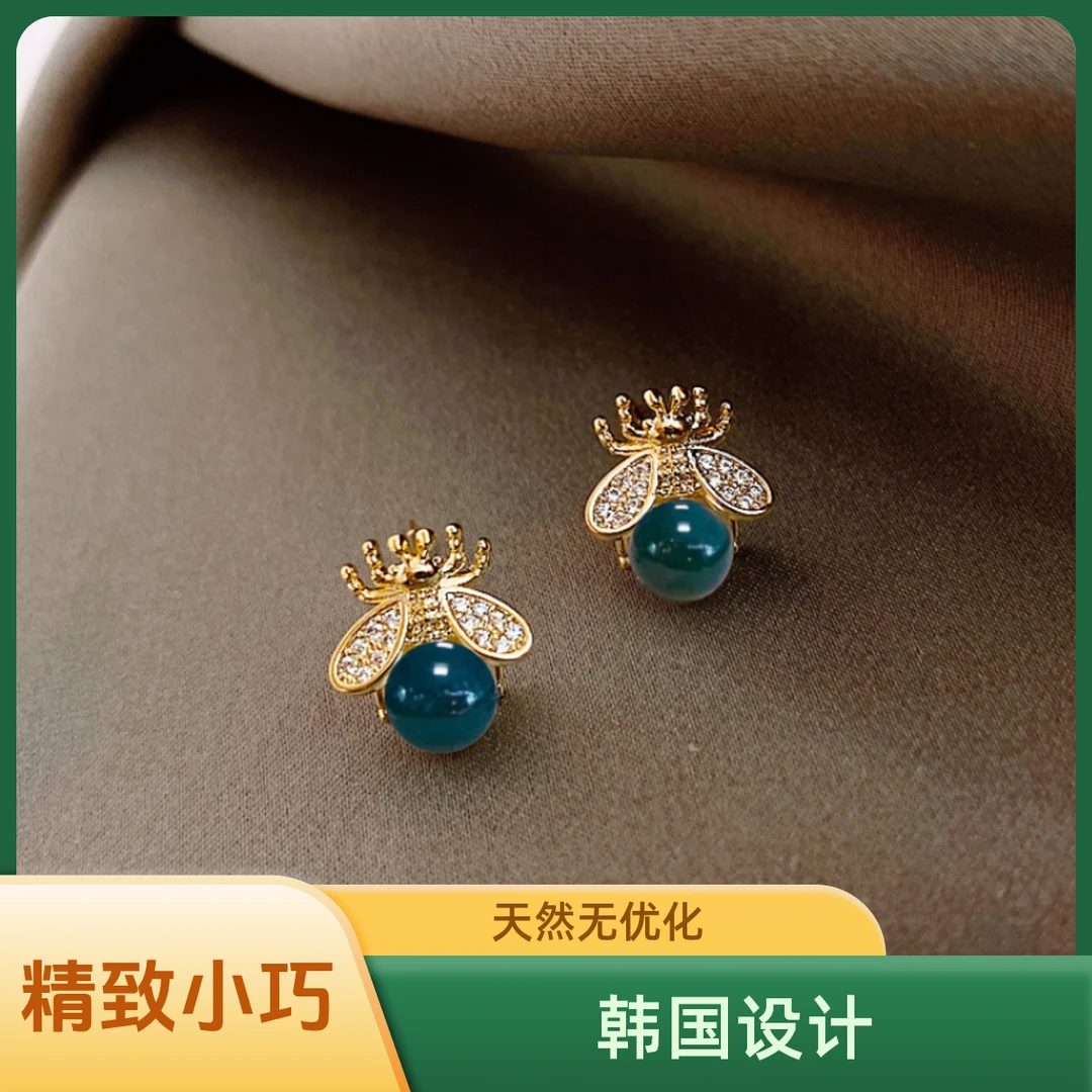 【小蜜蜂】韩国设计6mm墨西哥蓝珀S925银蜜蜂耳钉 小巧时尚精致