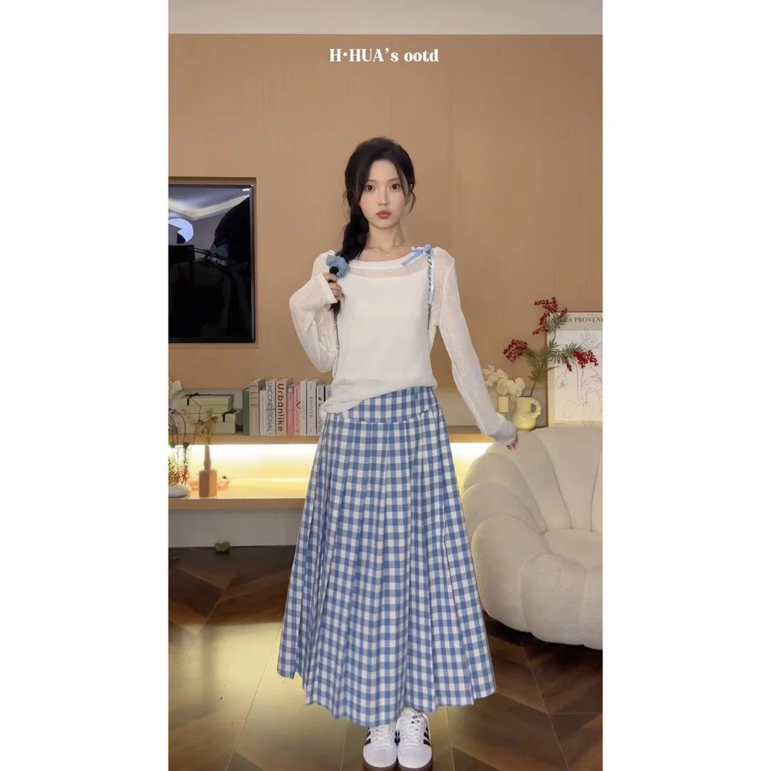 【OYANXI！反季清！】花花蓝色格纹显瘦气质时尚半身裙237226