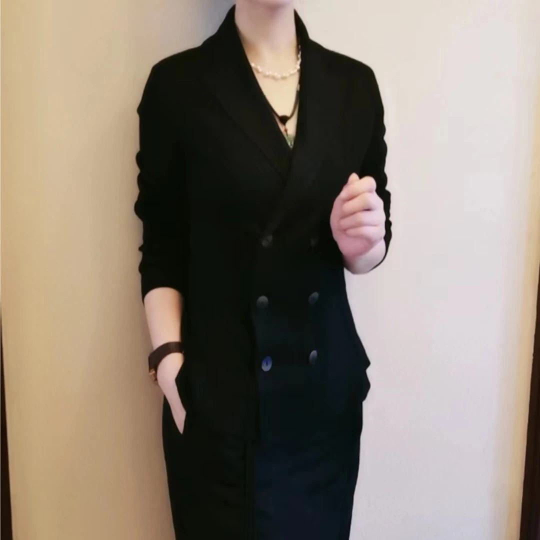 YG-【秋款金色开衫外套】黑色长款修身显瘦长袖气质女装休闲纯色
