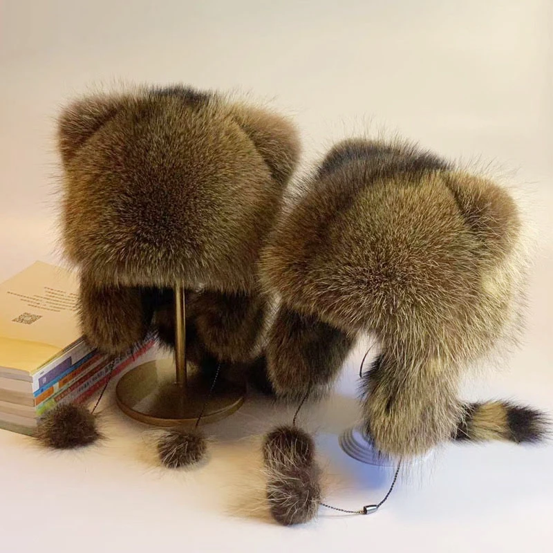 美洲貉子毛雷锋霸王帽冬季保暖男女同款小浣熊护耳帽时尚毛绒帽子