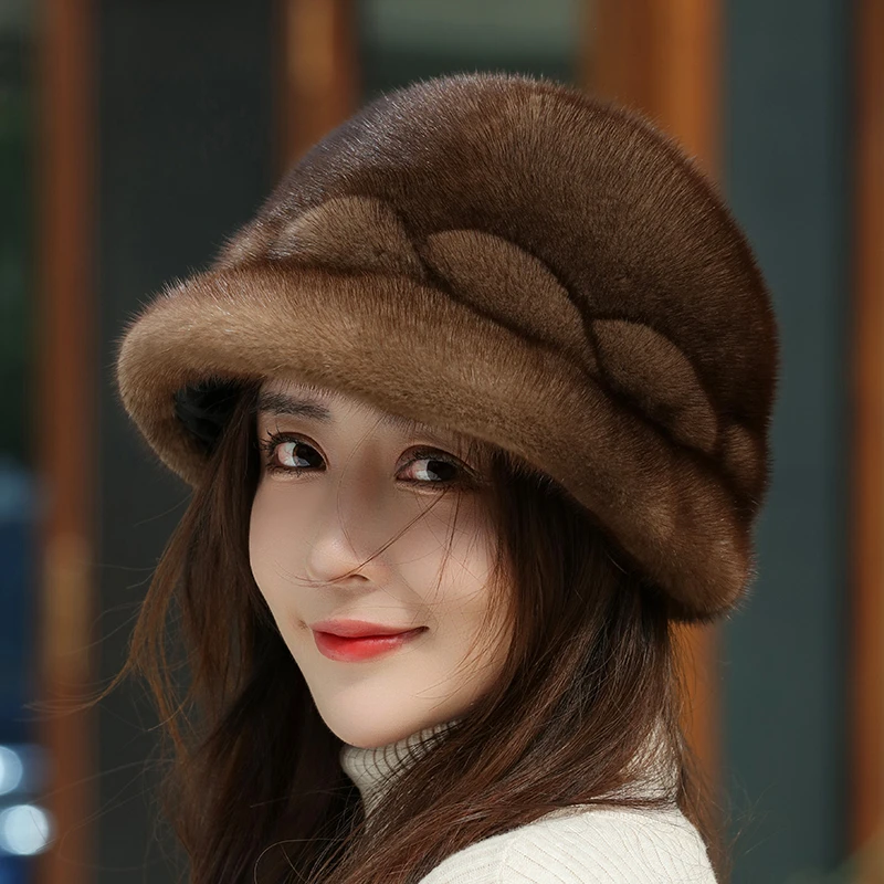 秋冬季水貂皮帽子女护耳太阳帽整貂毛保暖休闲麻花礼帽潮帽