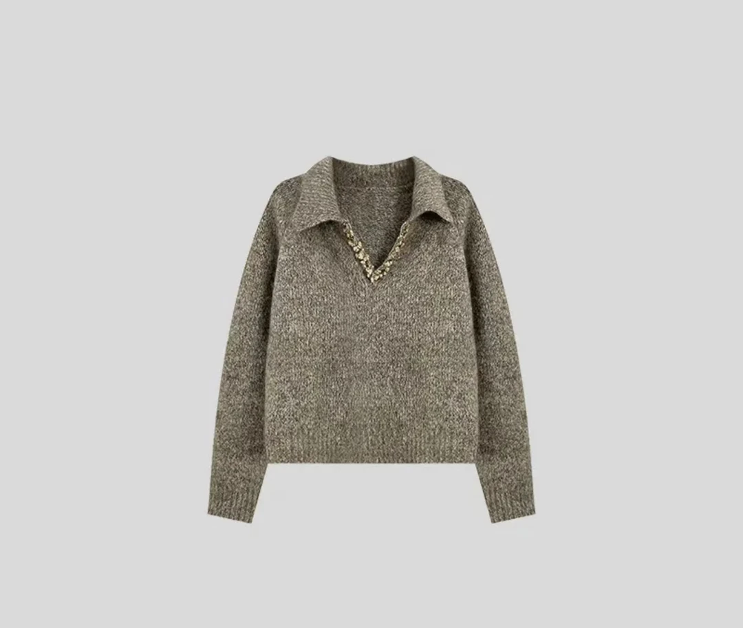 法式高级感慵懒软糯小香风上衣灰色v领重工针织毛衣女88134