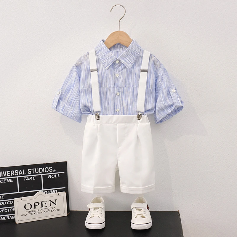 儿童花衬衫套装男童碎花上衣短袖短裤男孩海边度假风衬衣印花港风