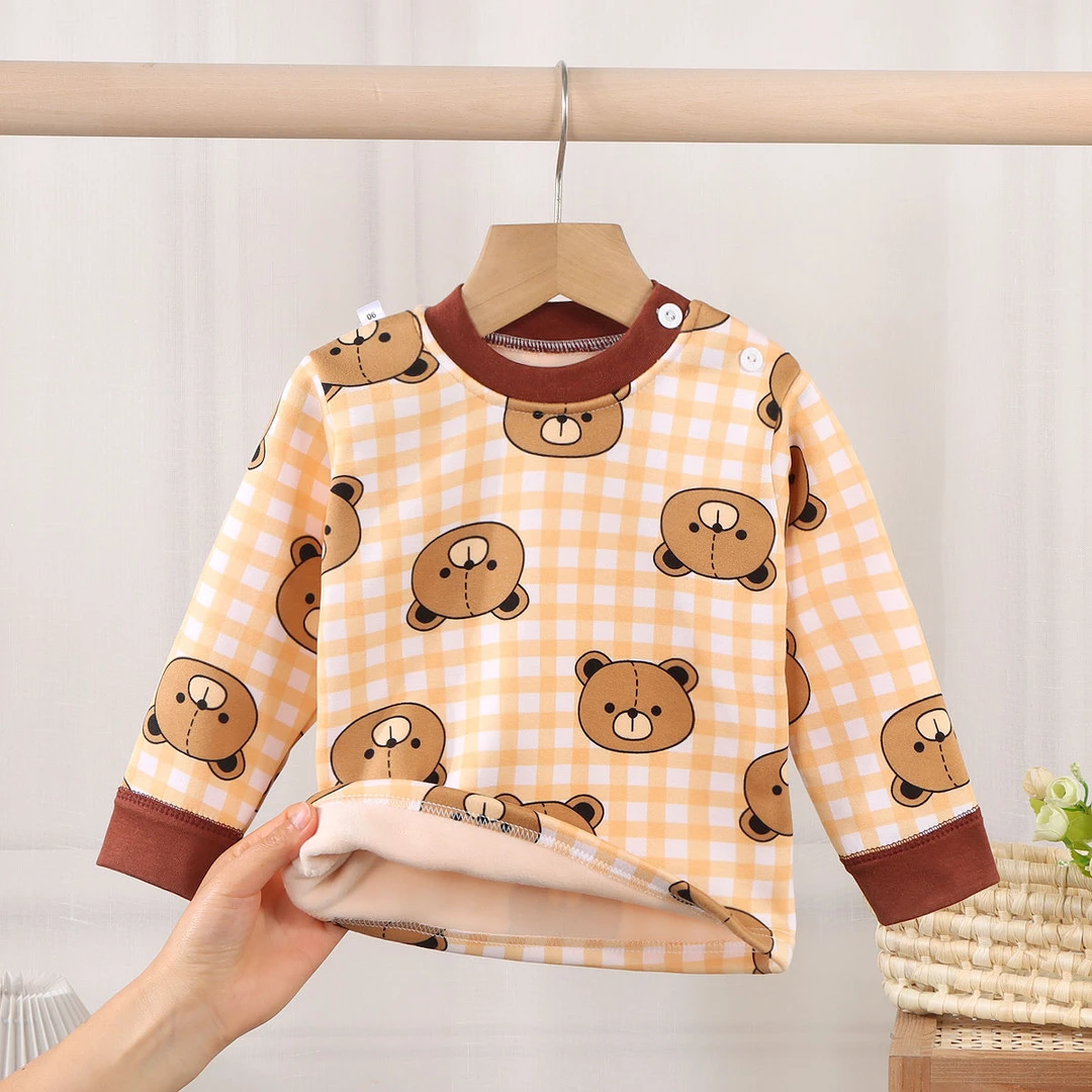 圆领加绒加厚保暖秋衣上衣打底衫睡衣绒衣内穿外穿肩开扣a类秋冬