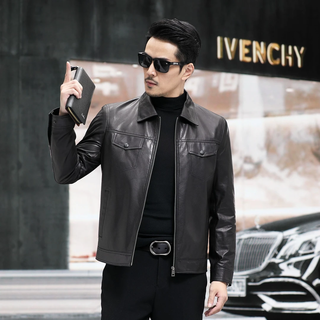海宁真皮皮衣男士全植鞣绵羊皮春秋休闲夹克翻领外套2020-1